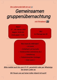 Einladung gemeinsame Gruppenübernachtung mit Filmabend